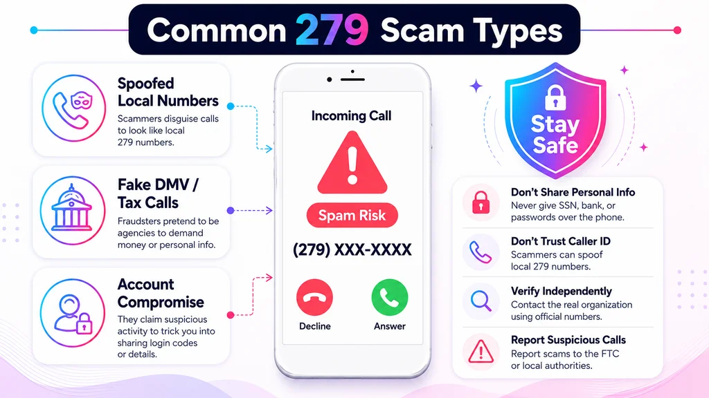 Flagged 279 spam-risk call beside common scam-type warning cards