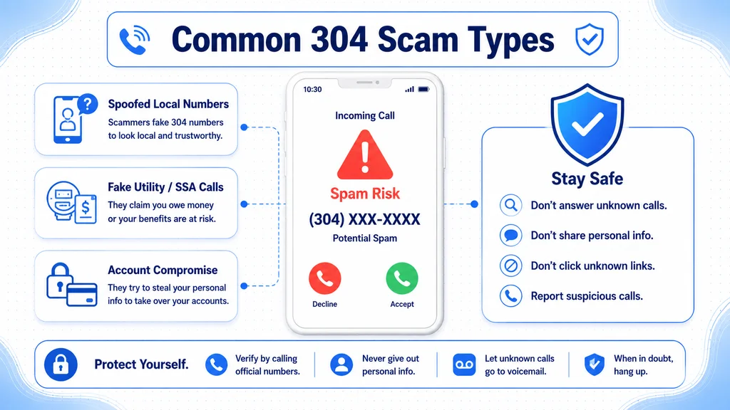 Flagged 304 spam-risk call beside common scam-type warning cards