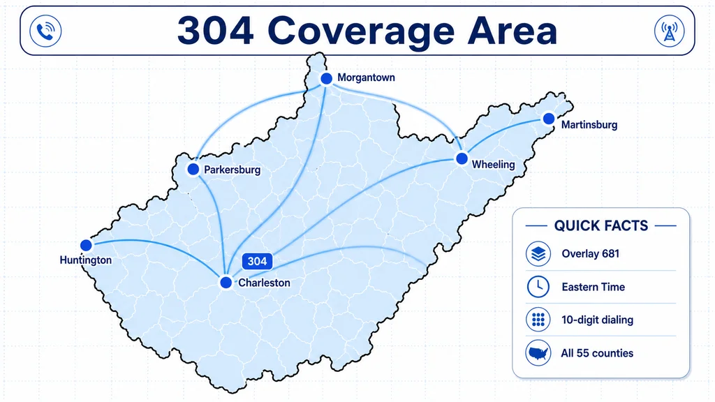 Coverage map of West Virginia marking major 304 cities