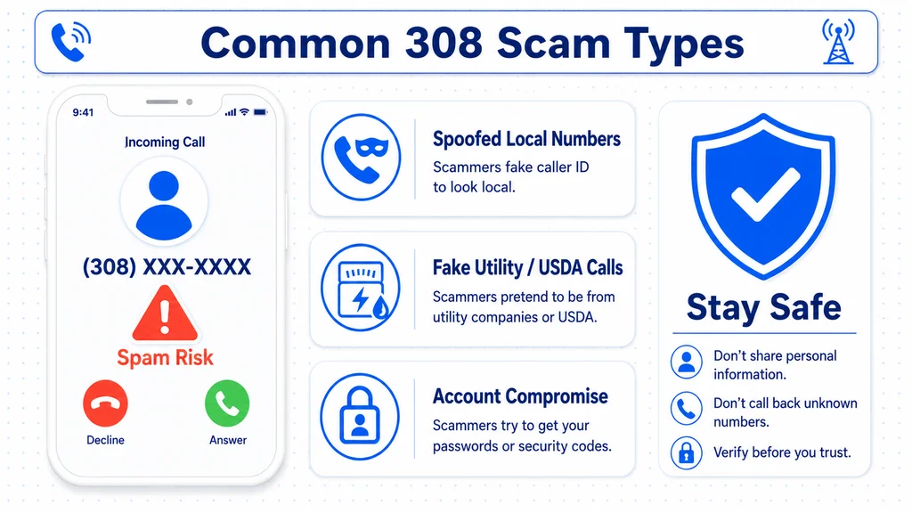 Flagged 308 spam-risk call beside common scam-type warning cards