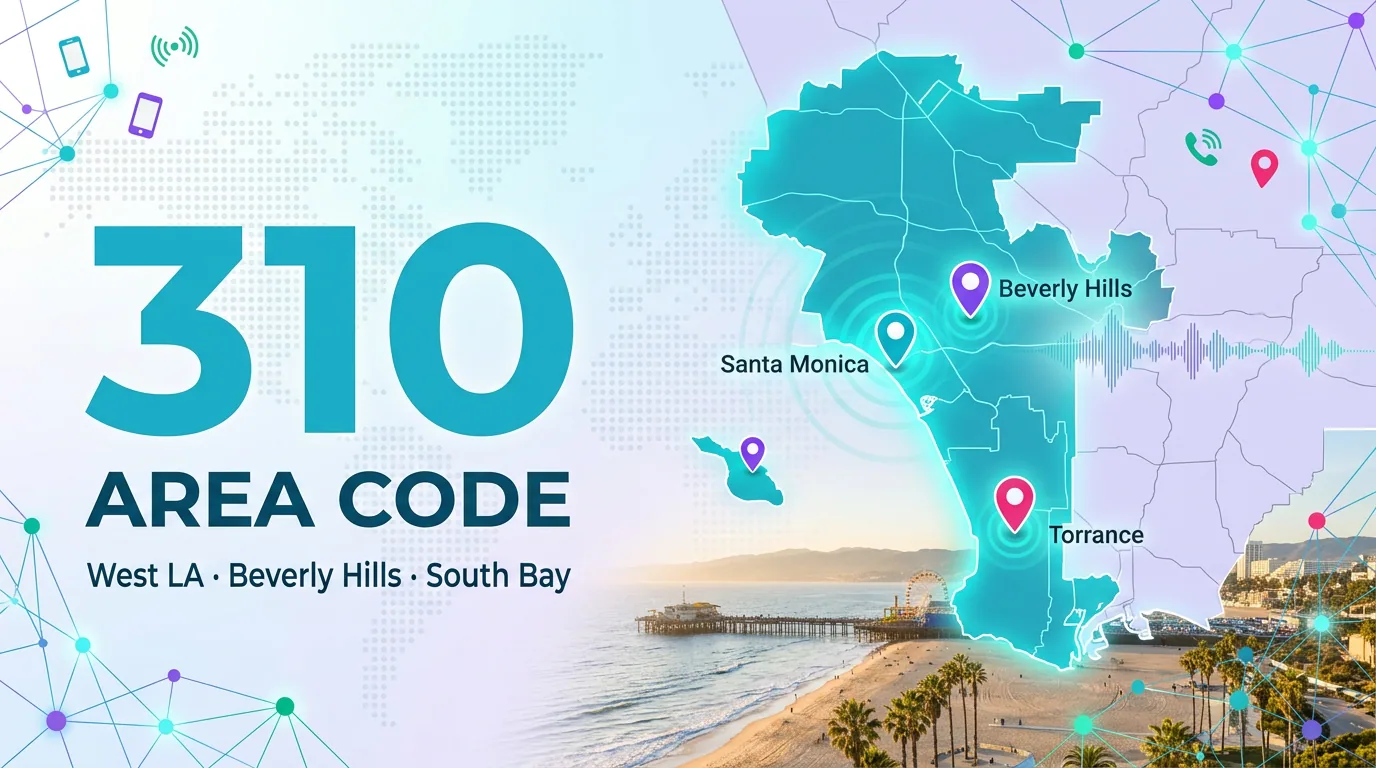 310 area code infographic showing West LA, Beverly Hills, Santa Monica, Torrance and the South Bay coastline