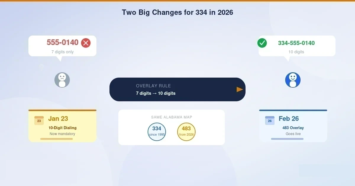 Two big 2026 changes for the 334 area code — 10-digit dialing mandatory starting January 23, 2026, and a new 483 overlay arriving February 26, 2026, both because the original 334 number pool is running low