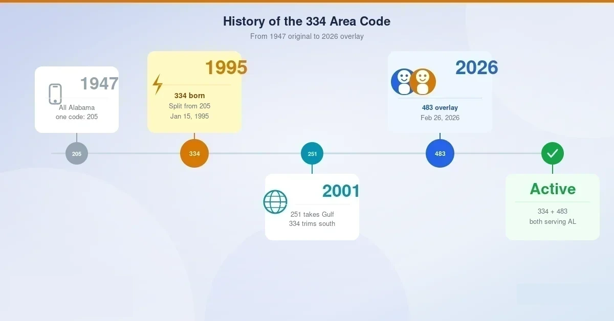 History of the 334 area code — split from Alabama's original 205 in January 1995, later trimmed when 251 took the Gulf Coast in 2001, now joined by the 483 overlay in February 2026 after three decades of use