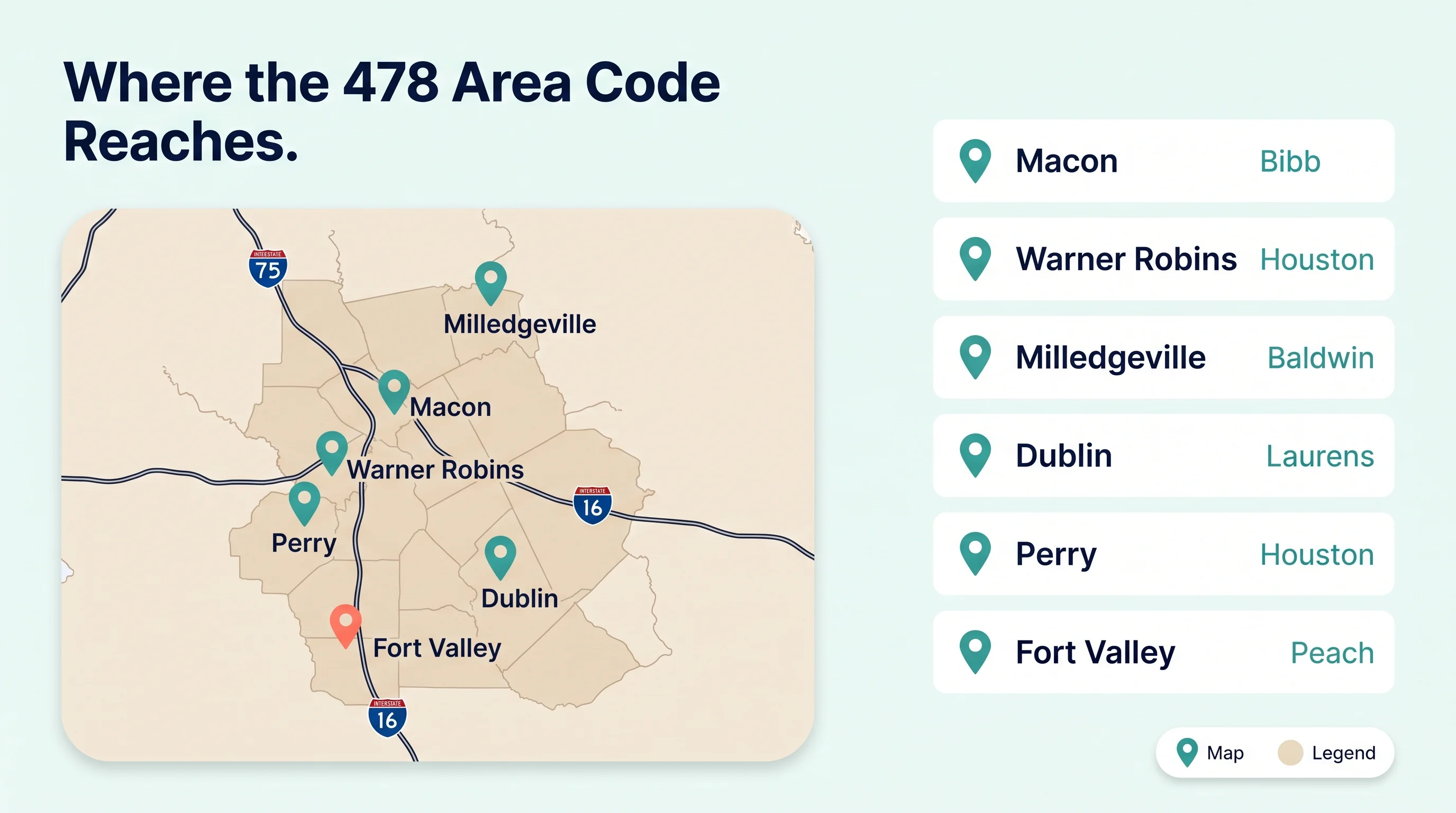 Where the 478 Area Code Reaches infographic on a mint-white background with a deep-navy heading Where the 478 Area Code Reaches, a large rounded beige map card of central Georgia on the left with I-75 and I-16 highway shields and teal and coral location pins for Macon, Milledgeville, Warner Robins, Perry, Dublin and Fort Valley, and on the right a vertical stack of six white city rows each with a teal pin icon listing Macon Bibb, Warner Robins Houston, Milledgeville Baldwin, Dublin Laurens, Perry Houston and Fort Valley Peach, with a Map and Legend pill at the bottom