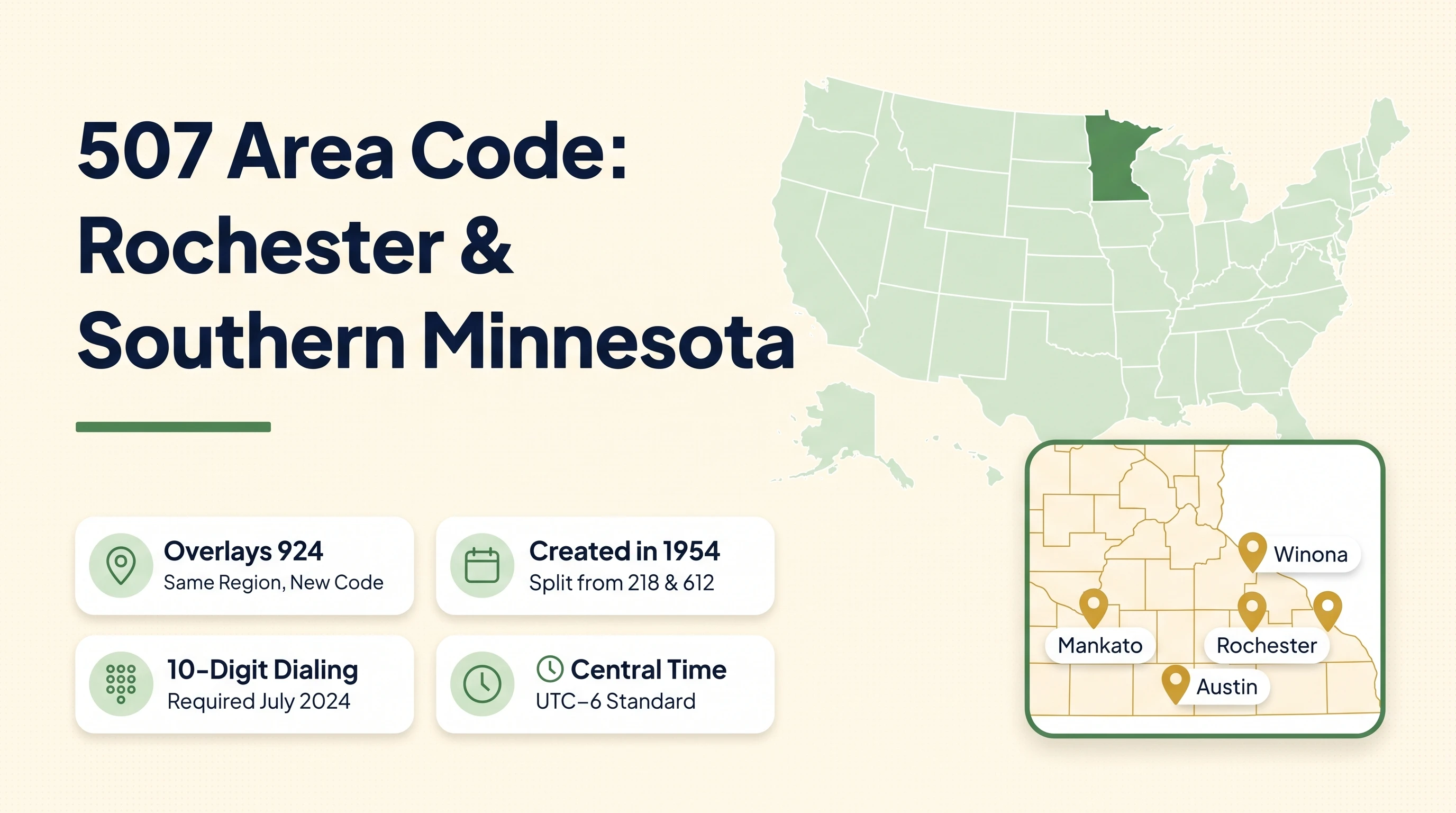The 507 Area Code hero infographic in 669 style on a warm cream background with a large bold deep-navy multi-line heading 507 Area Code Rochester and Southern Minnesota on the left with a forest-green underline rule, a 2x2 grid of four white rounded stat cards showing Overlays 924 Same Region New Code, Created in 1954 Split from 218 and 612, 10-Digit Dialing Required July 2024, and Central Time UTC-6 Standard, and on the right a pale-green USA map with Minnesota highlighted in forest green and a rounded rectangular zoom-in showing southern Minnesota county outlines with harvest-gold pins for Rochester Mankato Winona and Austin