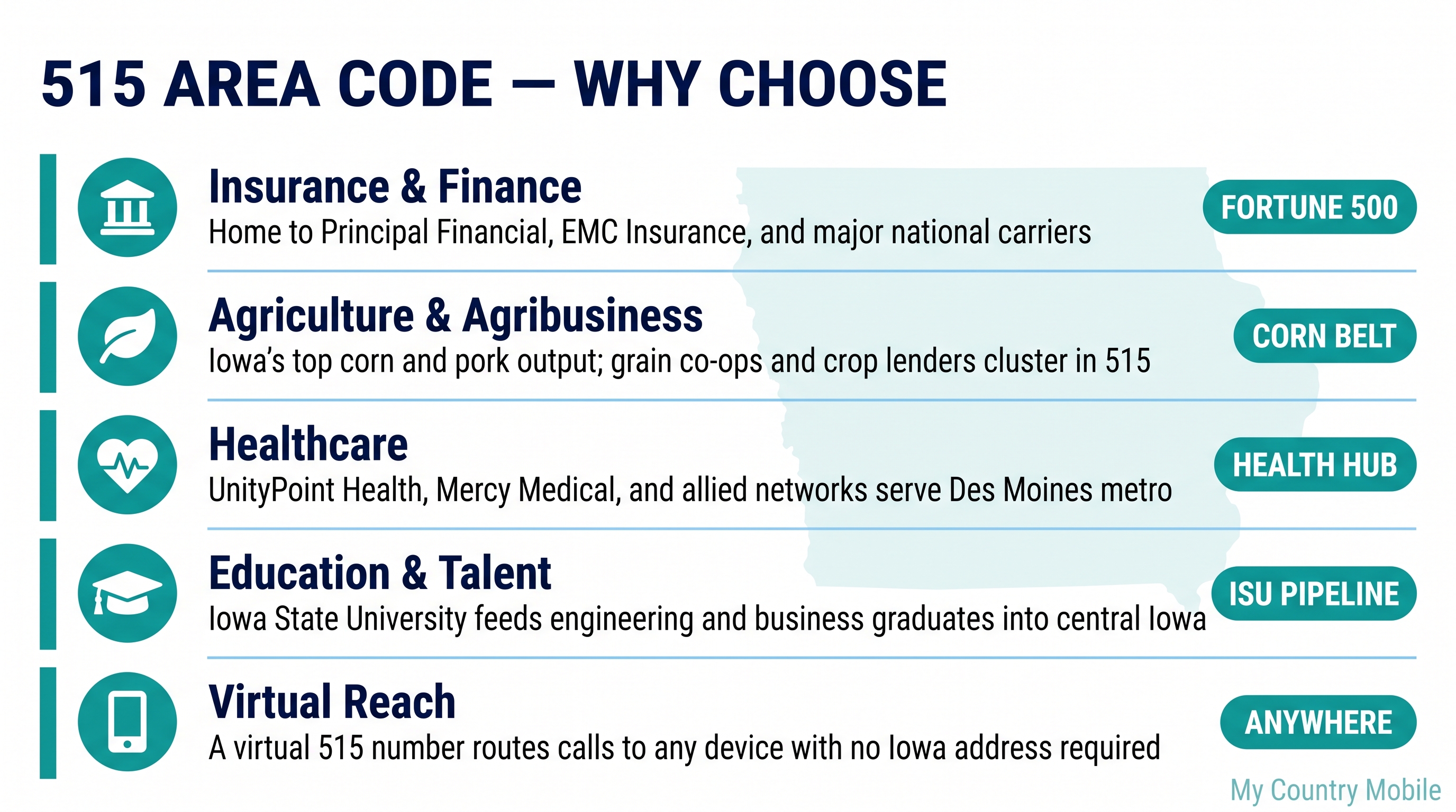 Why a 515 number is good for business infographic highlighting insurance and finance, agriculture, healthcare, education, and virtual reach for central Iowa