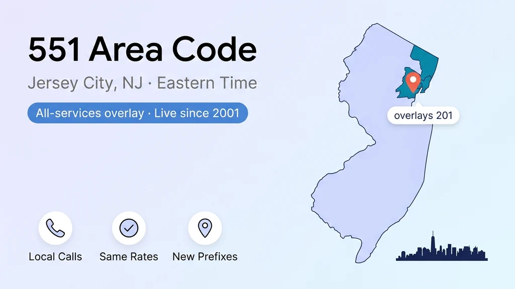 Map of northeastern New Jersey with Hudson and Bergen counties highlighted, a bold 551 area code heading, and the Manhattan skyline sketched faintly across the Hudson River