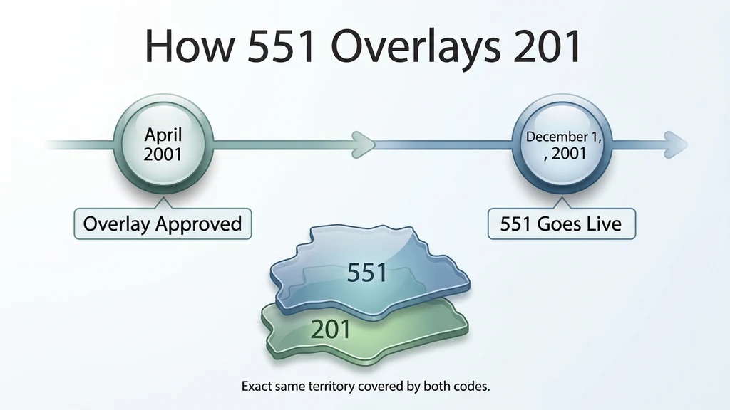 Timeline graphic showing New Jersey's 201 area code adding the 551 overlay in December 2001, both codes layered over the same territory