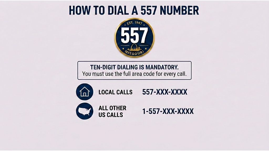 How to dial a 557 number — dialing formats for local, US, and international calls with Central Time zone info