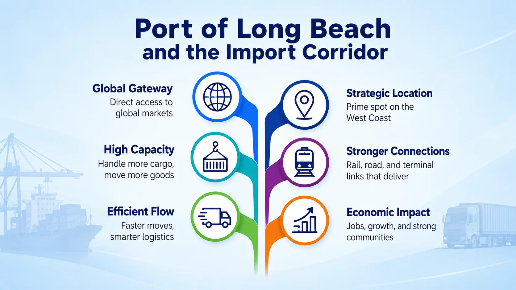 Port of Long Beach and the Import Corridor. Six points: Global Gateway — Direct access to global markets; Strategic Location — Prime spot on the West Coast; High Capacity — Handle more cargo, move more goods; Stronger Connections — Rail, road, and terminal links that deliver; Efficient Flow — Faster moves, smarter logistics; Economic Impact — Jobs, growth, and strong communities.