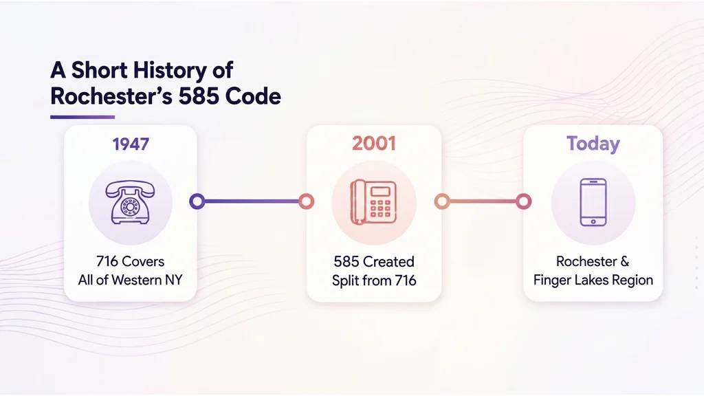 Horizontal timeline tracing western New York's area code history from 716 covering all of western NY in 1947, through decades of population and mobile phone growth, to 585 splitting from 716 in 2001 for the Rochester region with 716 retained for Buffalo, on a pale blue background with a ghosted New York state outline