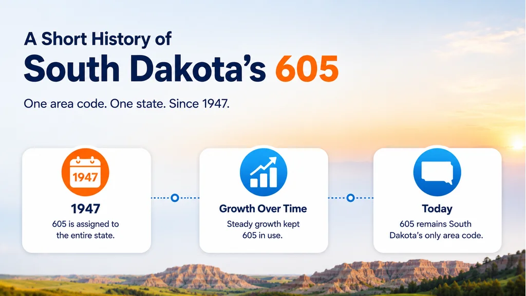 Impact funnel infographic — four cascading steps from wide cyan top to narrow amber bottom: Local 605 Number, Higher Answer Rates, More Conversations, Business Growth — with a Mount Rushmore presidential faces silhouette and Badlands rock formation outline on the right panel