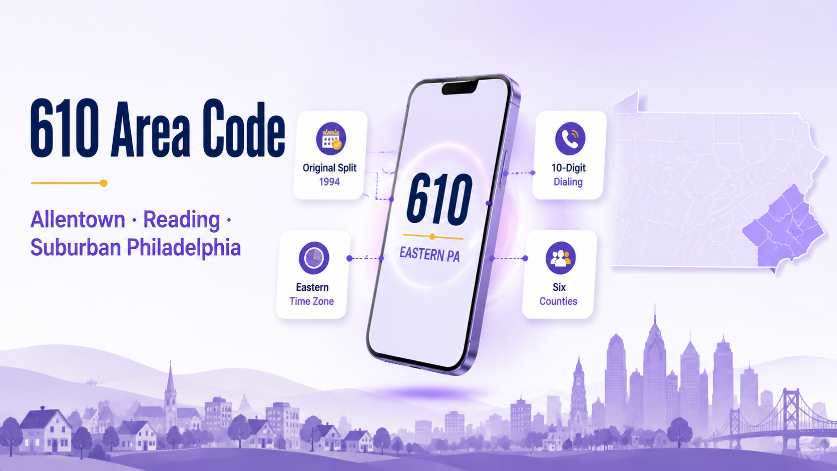 610 area code hero infographic for Allentown, Reading, and southeastern Pennsylvania