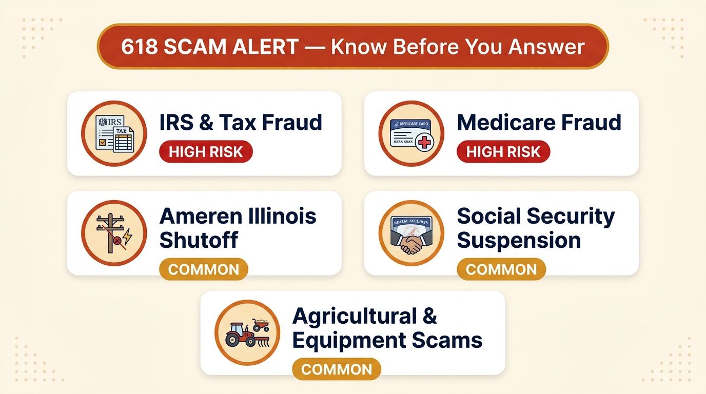 618 area code scam calls to watch for infographic showing IRS fraud, Ameren Illinois utility shutoff threats, Medicare fraud, Social Security suspension, and agricultural scams on a white background