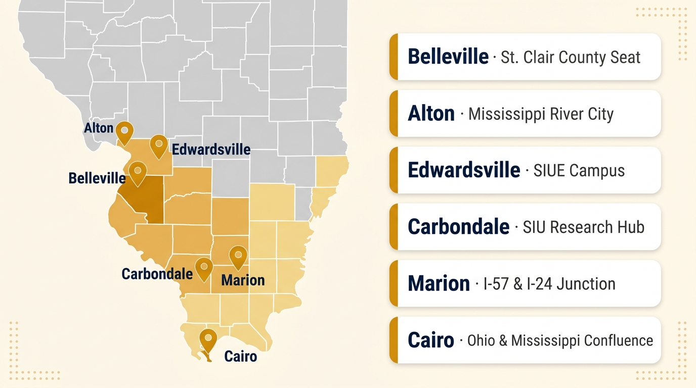 Cities in the 618 area code infographic showing Belleville, East St. Louis, Alton, Edwardsville, Carbondale, Marion, and surrounding southern Illinois communities on a county map