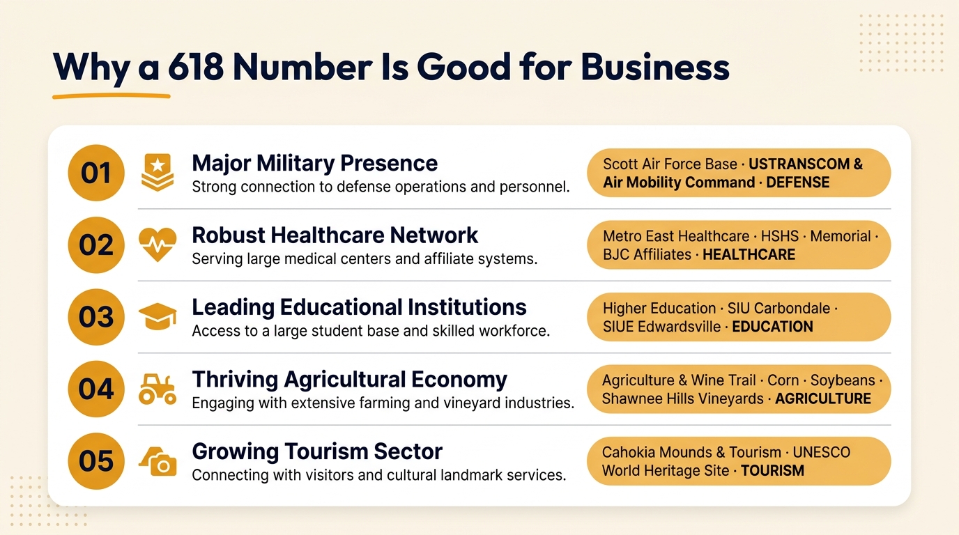 Why a 618 number is good for business infographic highlighting Scott Air Force Base, Metro East healthcare, Southern Illinois universities, agriculture, and Cahokia Mounds tourism