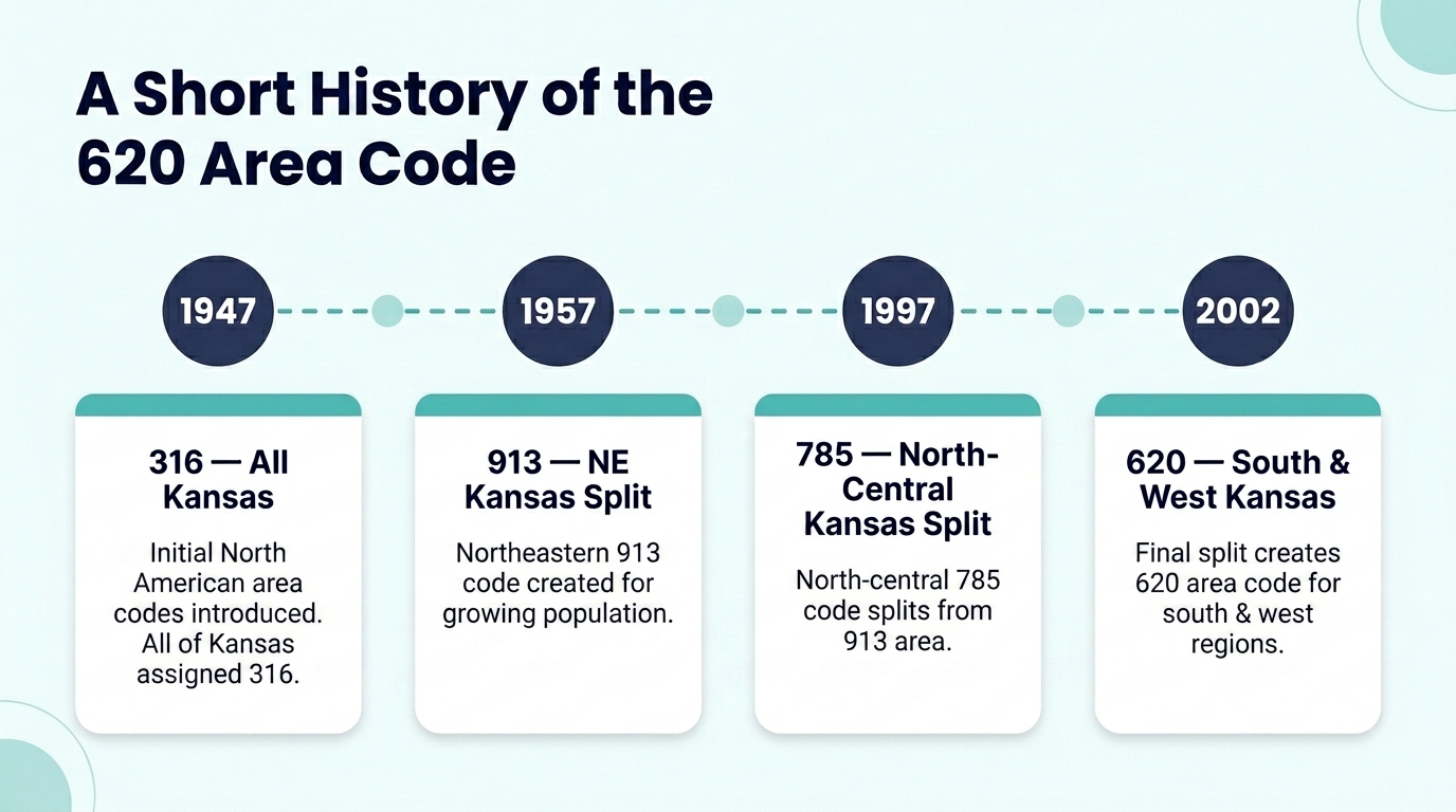 A short history of the 620 area code infographic showing key milestones from the 1947 origin of 316 covering all of Kansas through the 620 split in 2002