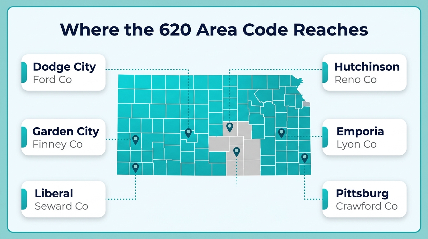 Cities in the 620 area code infographic showing Dodge City, Garden City, Liberal, Hutchinson, Emporia, and surrounding southern and western Kansas communities on a county map