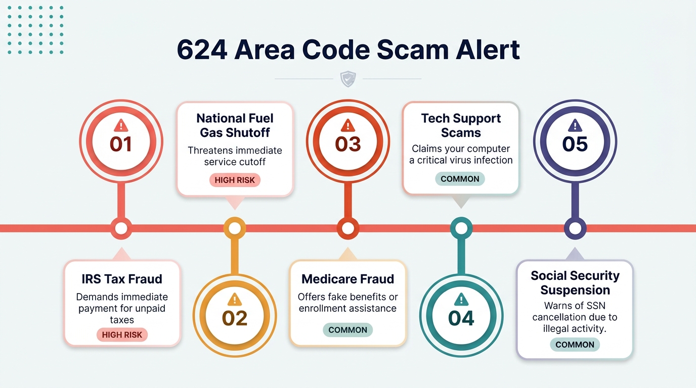 624 area code scam calls infographic showing National Fuel Gas shutoff fraud, IRS tax fraud, Medicare fraud, Social Security suspension, and tech support scams on a pale blue background