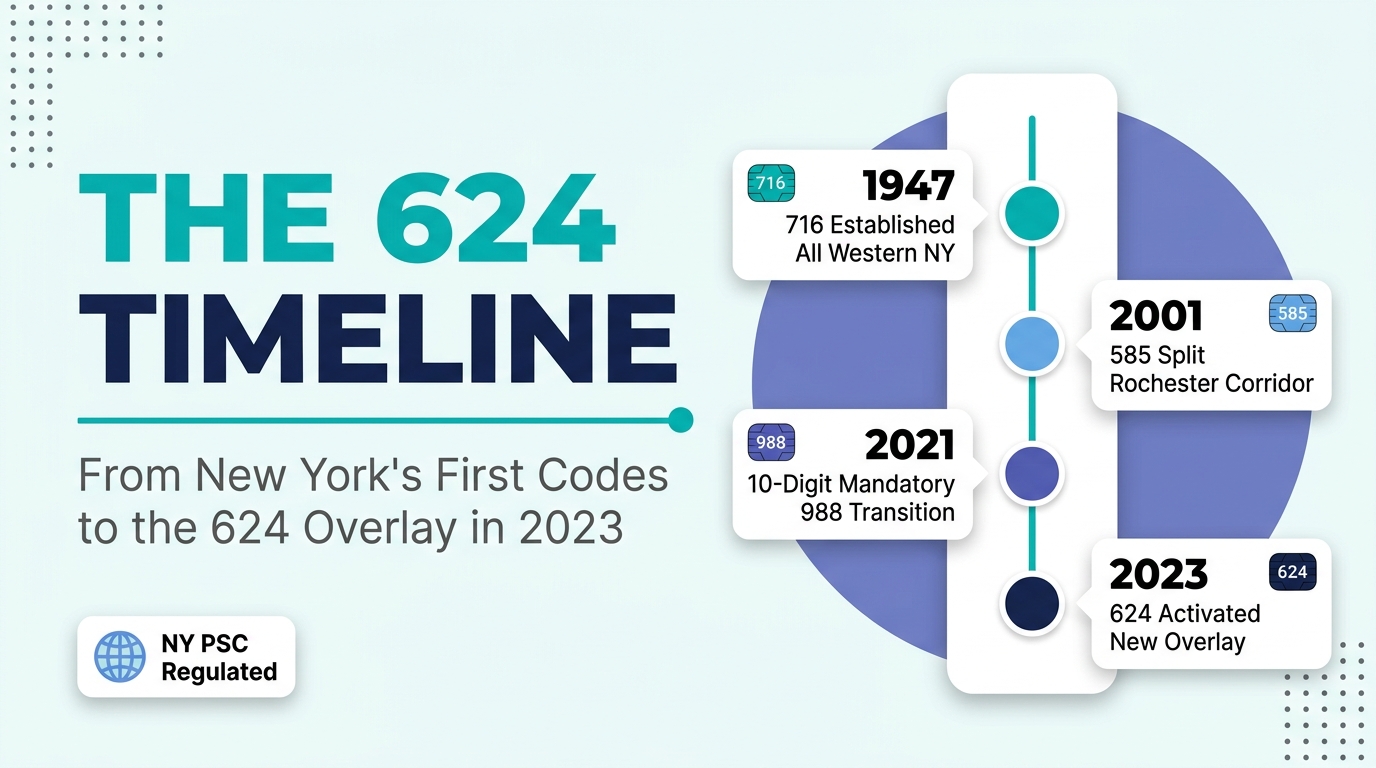 A short history of the 624 area code infographic showing key milestones from 716 in 1947 through the 585 split in 2001 and the 624 overlay in 2023