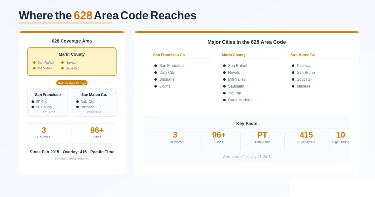 Map of 628 area code coverage across San Francisco, most of Marin County, and a small northeastern corner of San Mateo County, with far northwest Marin excluded and served by 707 instead