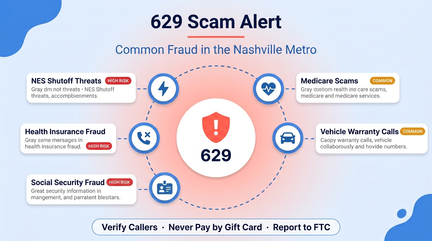 629 area code scam calls infographic showing NES utility shutoff fraud, health insurance scams, Medicare fraud, vehicle warranty calls, and Social Security impersonation targeting Nashville metro residents on a pale background