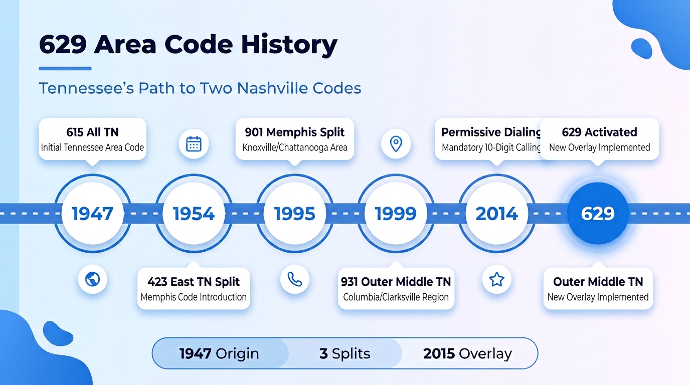 Timeline infographic showing the history of the 629 area code from Tennessee's original 615 in 1947 through the 901, 423, and 931 splits to the 2015 629 overlay activation in Nashville