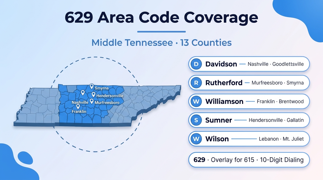 Where the 629 area code reaches infographic showing Davidson, Rutherford, Williamson, and Sumner counties with city markers for Nashville, Murfreesboro, Franklin, Smyrna, and Hendersonville in middle Tennessee