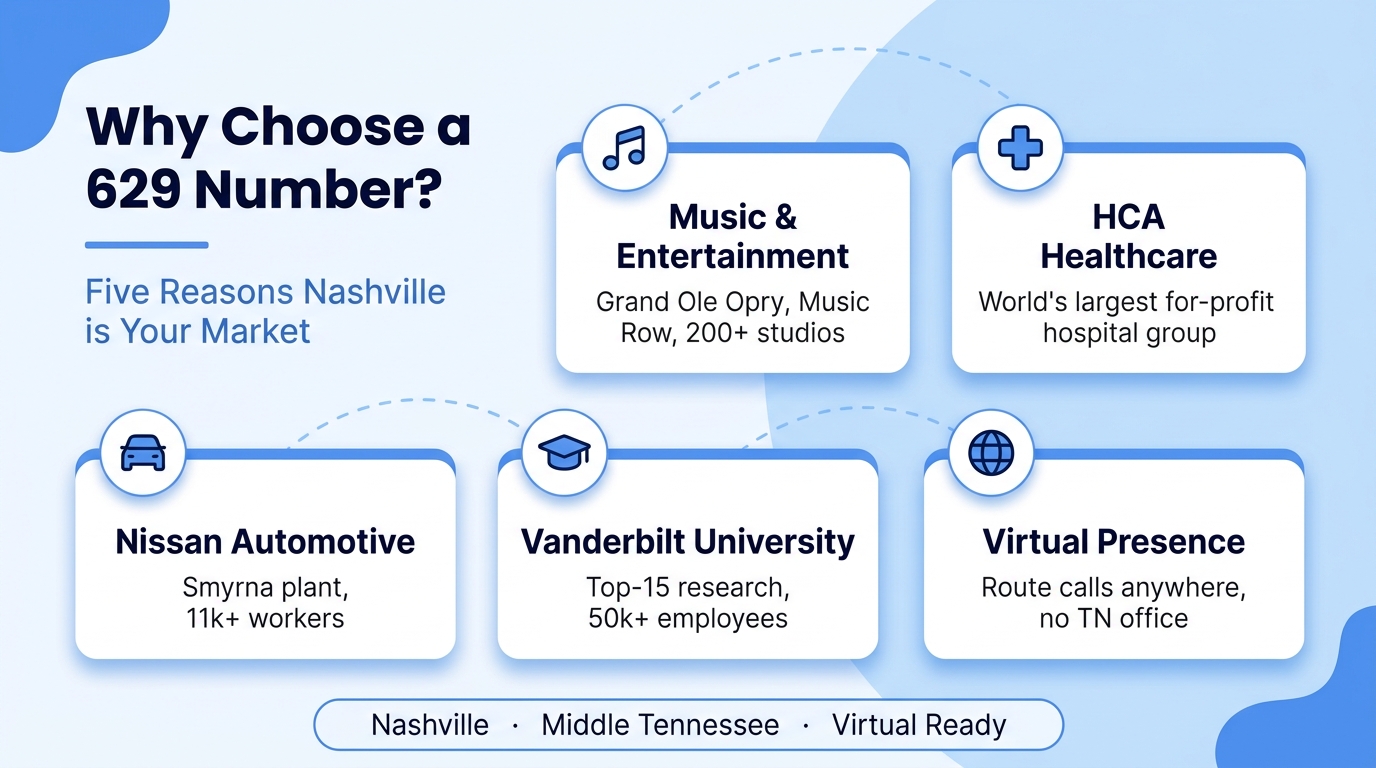 Why a 629 number is good for business infographic highlighting country music industry, HCA Healthcare, Nissan automotive manufacturing, Vanderbilt University, and Nashville's tech corridor for middle Tennessee