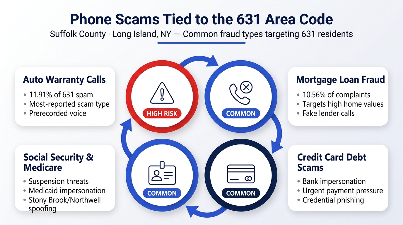 631 area code scam calls infographic showing auto warranty fraud, mortgage loan scams, Social Security suspension, Medicare fraud, and robocall prerecorded voice abuse targeting Suffolk County residents on Long Island
