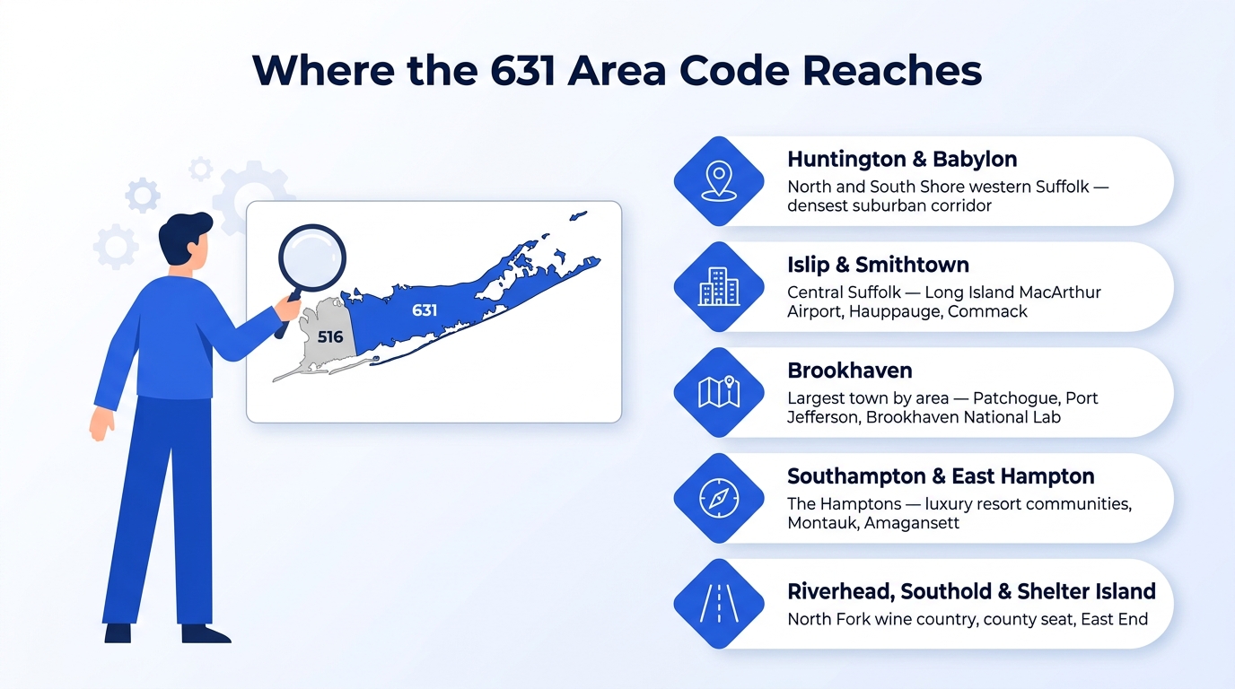 Where the 631 area code reaches infographic showing Suffolk County on Long Island with city markers for Huntington, Babylon, Smithtown, Brookhaven, and the Hamptons in eastern New York
