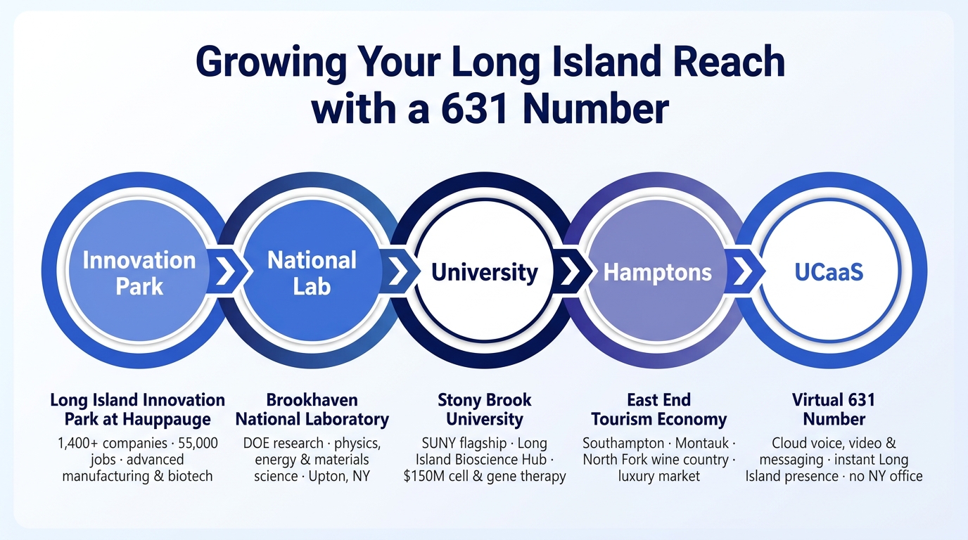 Why a 631 number is good for business infographic highlighting Long Island Innovation Park, Brookhaven National Laboratory, Stony Brook University, Hamptons tourism, and UCaaS virtual numbers for Suffolk County