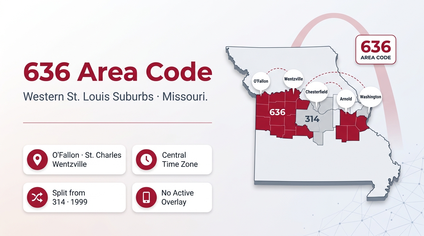 636 area code hero infographic for O'Fallon, St. Charles, Wentzville, and Chesterfield in the western St. Louis suburbs of Missouri
