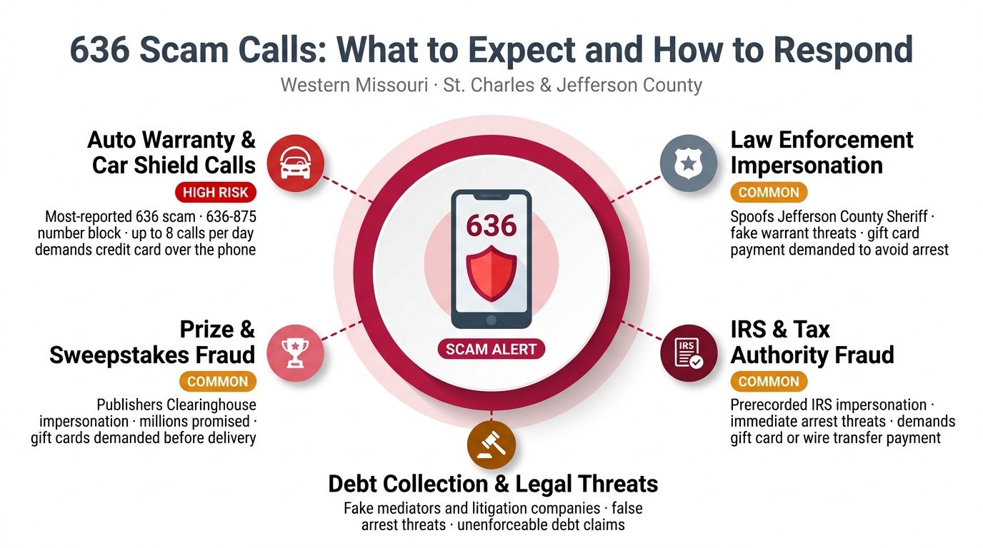 636 area code scam calls safety infographic showing Car Shield warranty fraud, Publishers Clearinghouse prize scams, debt collection threats, Jefferson County Sheriff impersonation, and IRS fraud targeting St. Charles and Jefferson county residents in Missouri