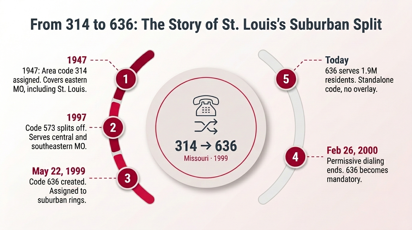 How the 636 area code was created — timeline infographic showing the 1947 314 assignment for eastern Missouri, the 1997 573 split, and the May 1999 636 geographic split for the western St. Louis suburban ring