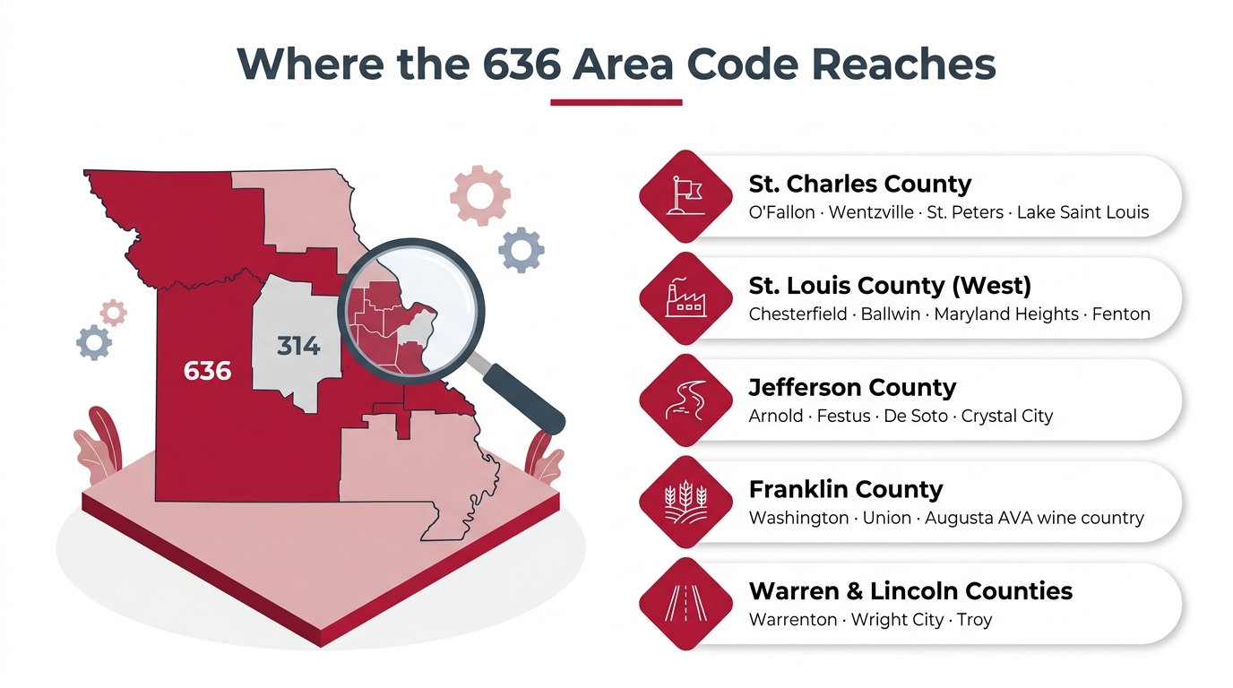 Where the 636 area code reaches — infographic showing St. Charles, Jefferson, Franklin, and Warren counties in the western Missouri St. Louis suburbs with city markers for O'Fallon, Wentzville, Chesterfield, Arnold, and Washington