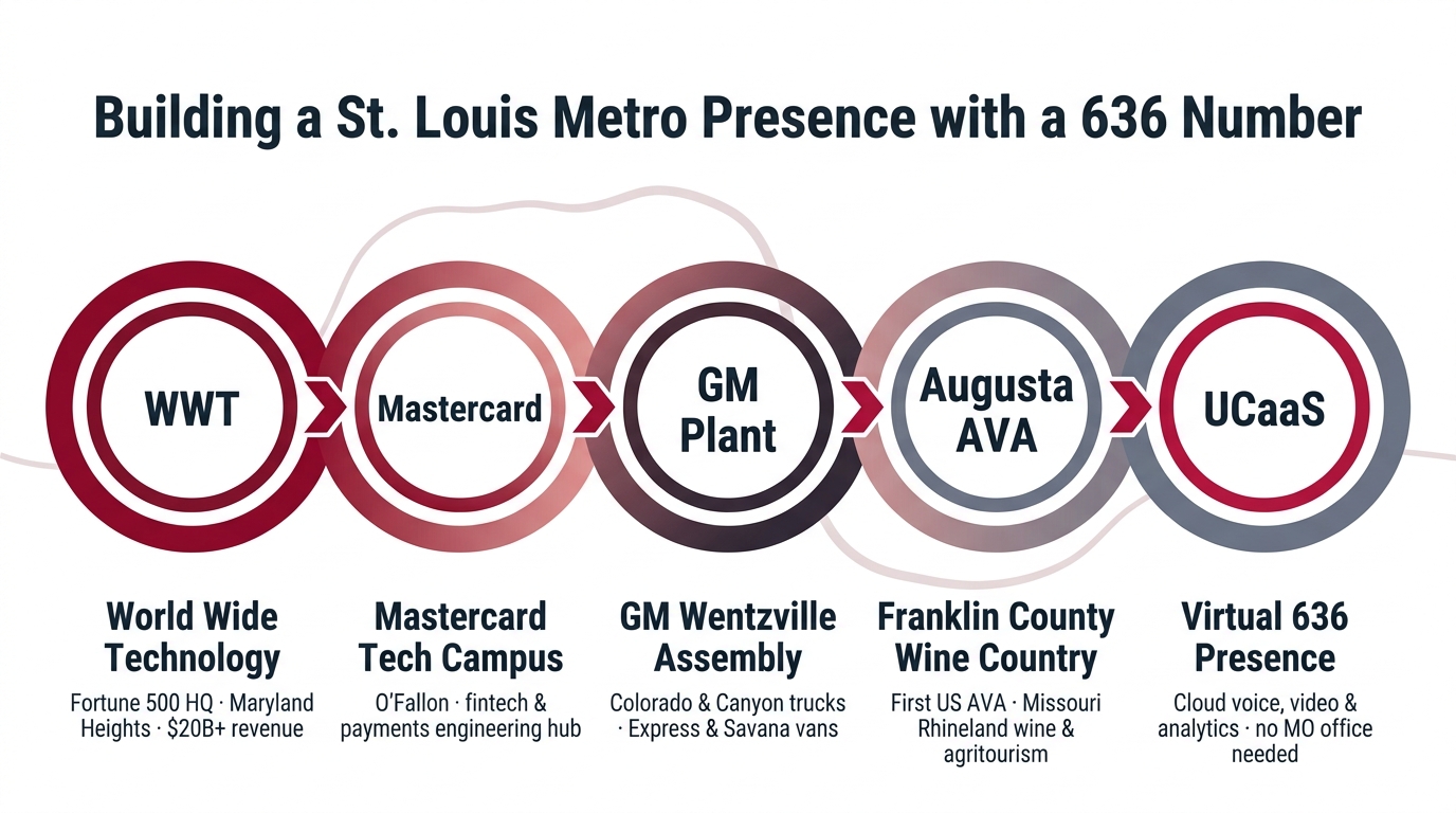 Why a 636 number is good for business — infographic showing World Wide Technology, Mastercard O'Fallon campus, GM Wentzville Assembly, Augusta wine country, and UCaaS virtual St. Louis suburban presence for Missouri companies