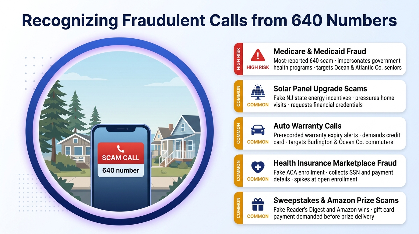 640 area code scam calls safety infographic showing Medicare fraud, solar panel scams, auto warranty calls, health insurance fraud, and neighbor spoofing targeting Trenton, Toms River, Atlantic City, and Princeton residents in central and southern New Jersey