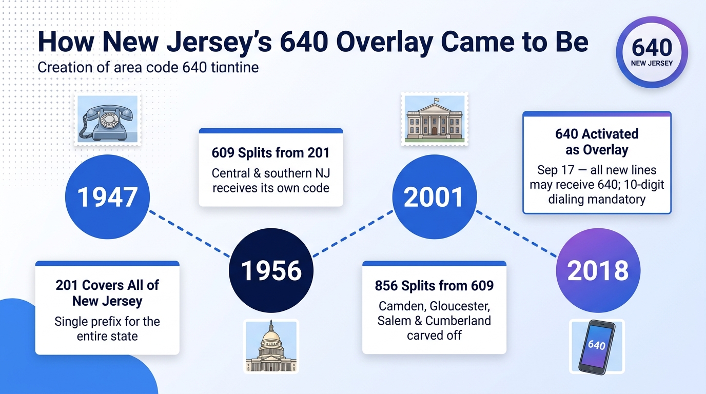How area code 640 was created — timeline infographic showing the 1947 201 NJ assignment, the 1956 609 split, the 2001 856 split for southwestern NJ, and the September 2018 640 overlay activation