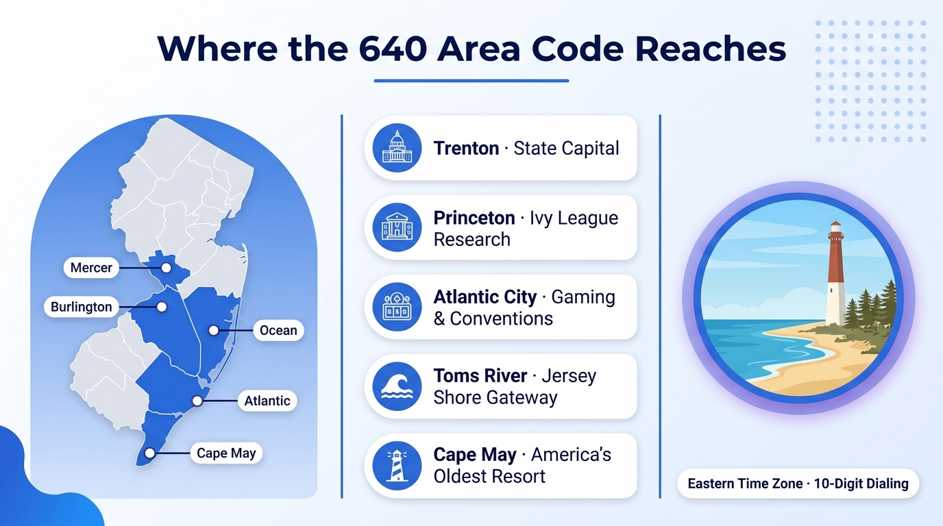 Where the 640 area code reaches — infographic showing Mercer, Burlington, Ocean, Atlantic, and Cape May counties in central and southern New Jersey with city markers for Trenton, Princeton, Atlantic City, Toms River, and Cape May