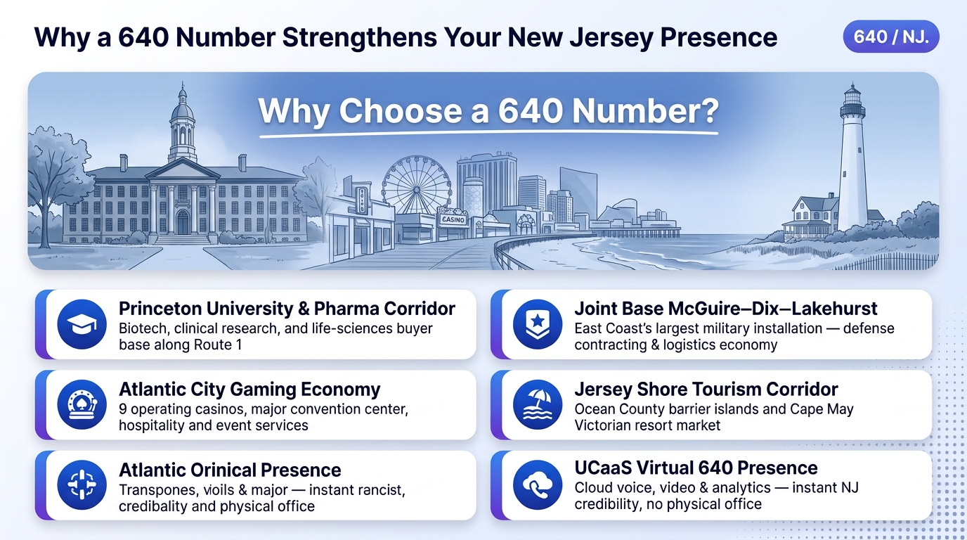 Why a 640 number is good for business — infographic showing Princeton University pharma corridor, Joint Base McGuire-Dix-Lakehurst, Atlantic City gaming economy, Jersey Shore tourism, and UCaaS virtual New Jersey presence for businesses targeting southern NJ markets