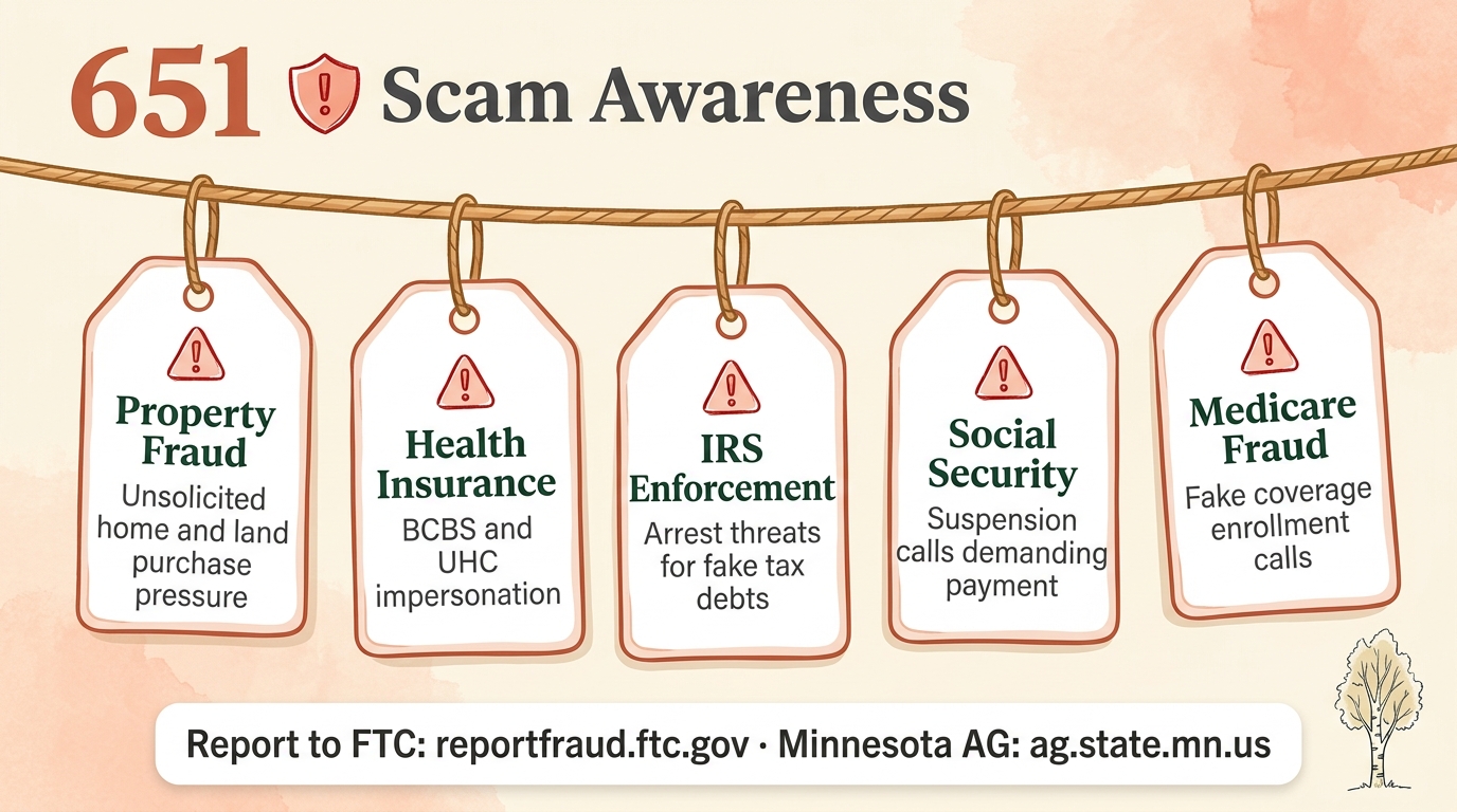 651 area code scam calls infographic showing property purchase fraud, health insurance impersonation, IRS tax enforcement fraud, Social Security suspension scams, and Medicare fraud targeting St. Paul, Woodbury, Eagan, and Stillwater residents in the 651 territory