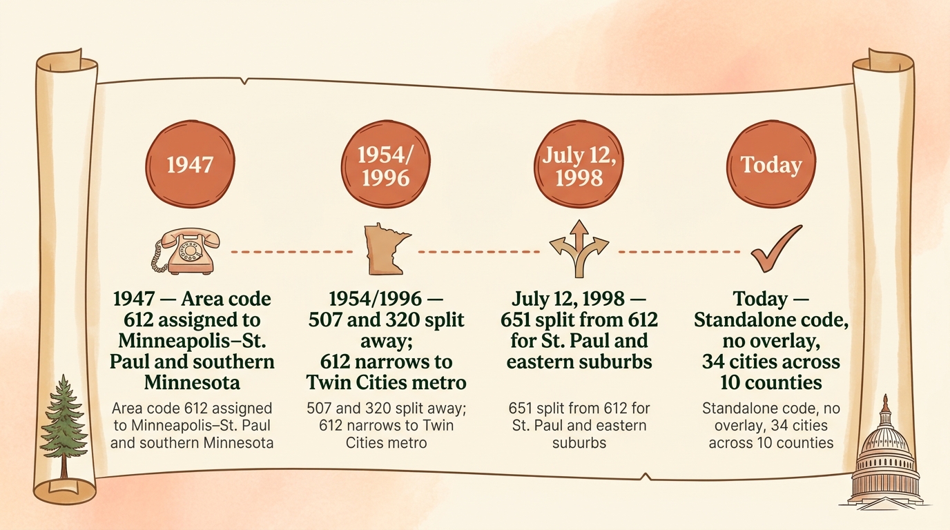 How area code 651 was created — timeline infographic showing the original 612 Minnesota assignment in 1947, the 1990s mobile growth prefix exhaustion, the 1996 320 split, and the July 1998 651 geographic split for St. Paul and the eastern Twin Cities suburbs