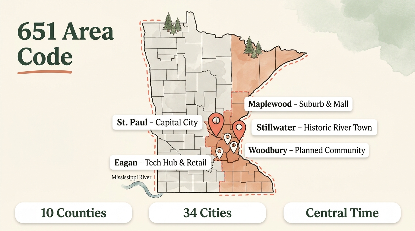 Where the 651 area code reaches — infographic showing Ramsey, Washington, and eastern Dakota counties in the eastern Twin Cities, Minnesota, with city markers for St. Paul, Woodbury, Eagan, Roseville, Stillwater, and White Bear Lake