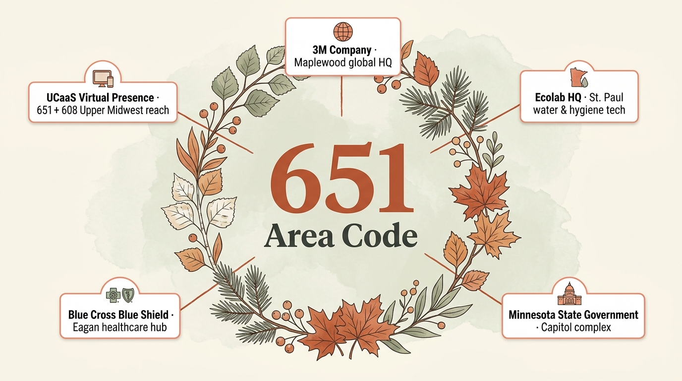 Why a 651 number is good for business — infographic showing 3M Maplewood headquarters, Ecolab St. Paul, Minnesota state government Capitol complex, Blue Cross Blue Shield Eagan, Woodbury commercial growth, and UCaaS virtual Twin Cities eastern metro presence