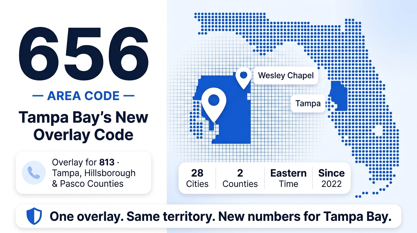 656 area code hero infographic for Tampa, Brandon, Wesley Chapel, Riverview, and Plant City in Hillsborough and Pasco counties, west-central Florida