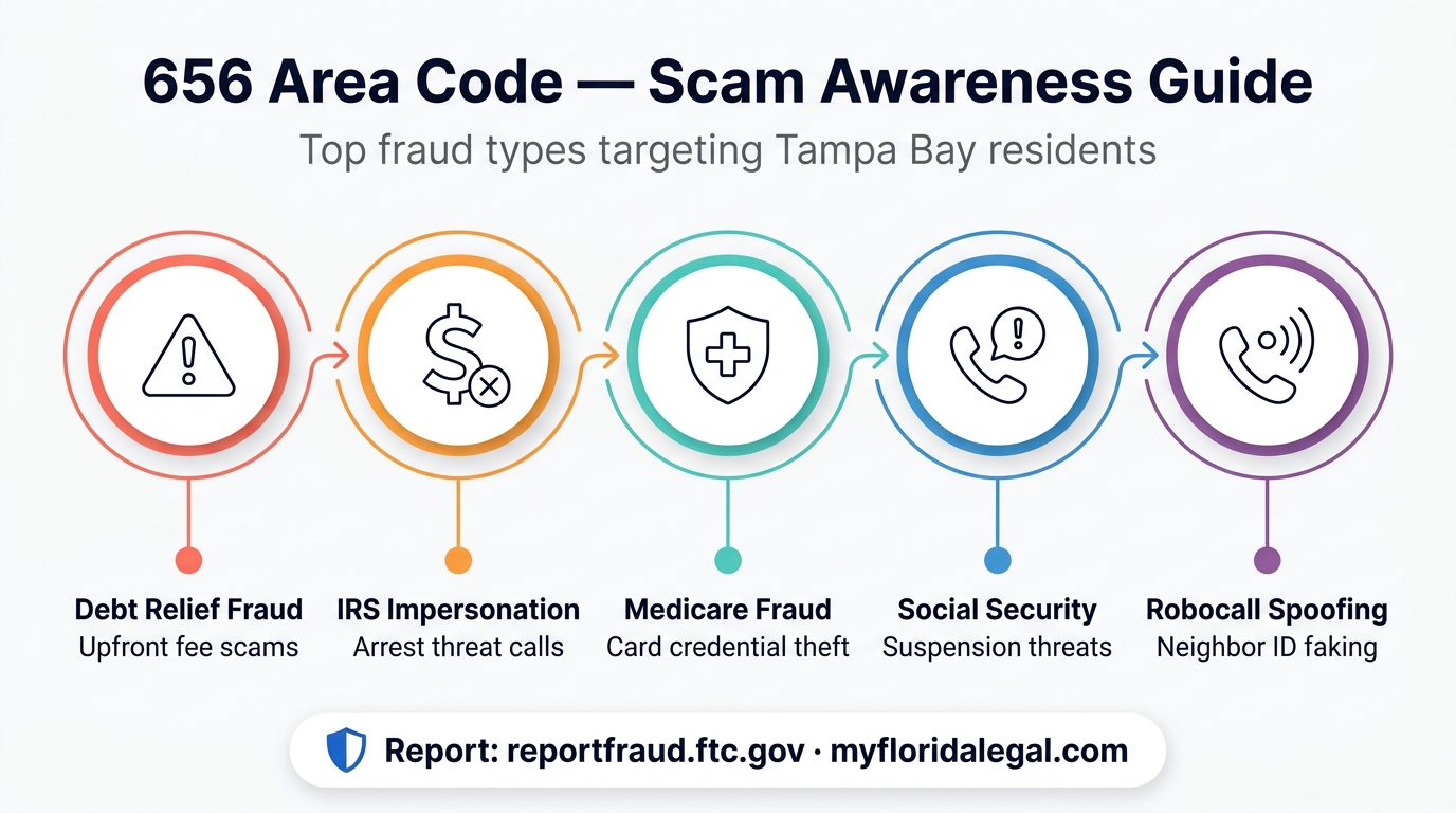 656 area code scam calls safety infographic showing debt relief fraud, IRS impersonation, Medicare scams, Social Security suspension calls, and robocall neighbor spoofing targeting Tampa, Brandon, Wesley Chapel, and Plant City residents
