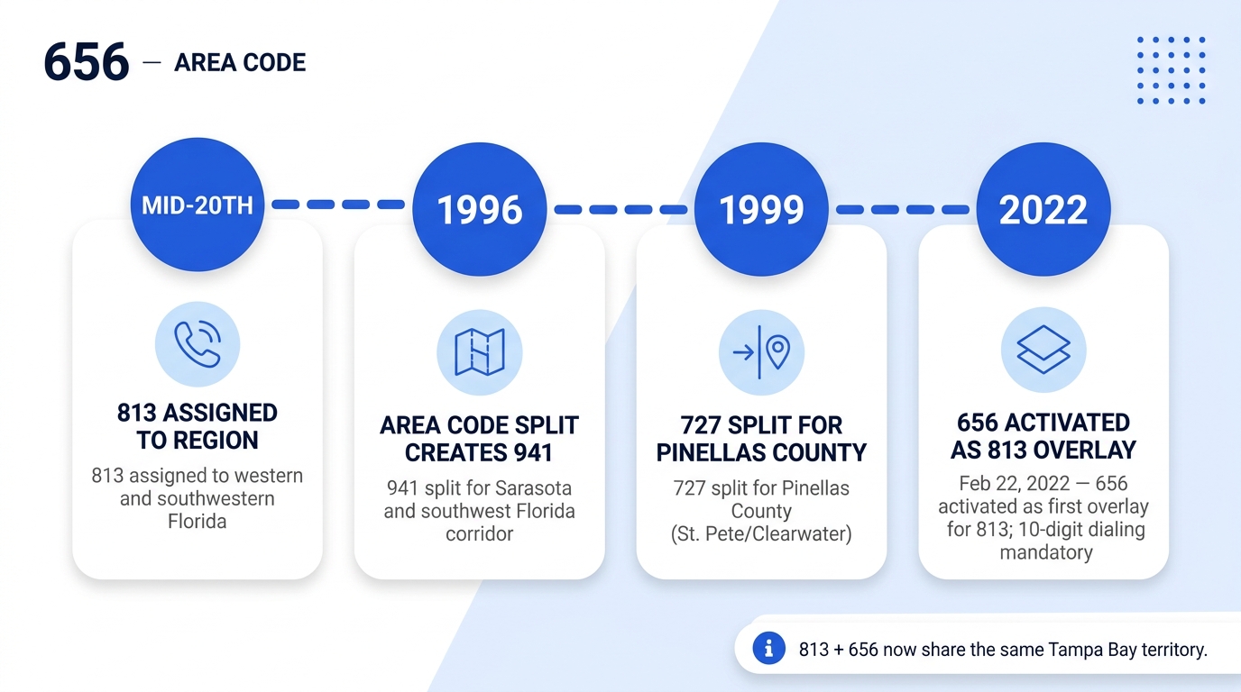 How area code 656 was created — timeline infographic showing the original 813 Florida assignment, the 1996 941 split for southwest Florida, the 1999 727 split for Pinellas County, and the February 2022 656 overlay activation for the Tampa metro