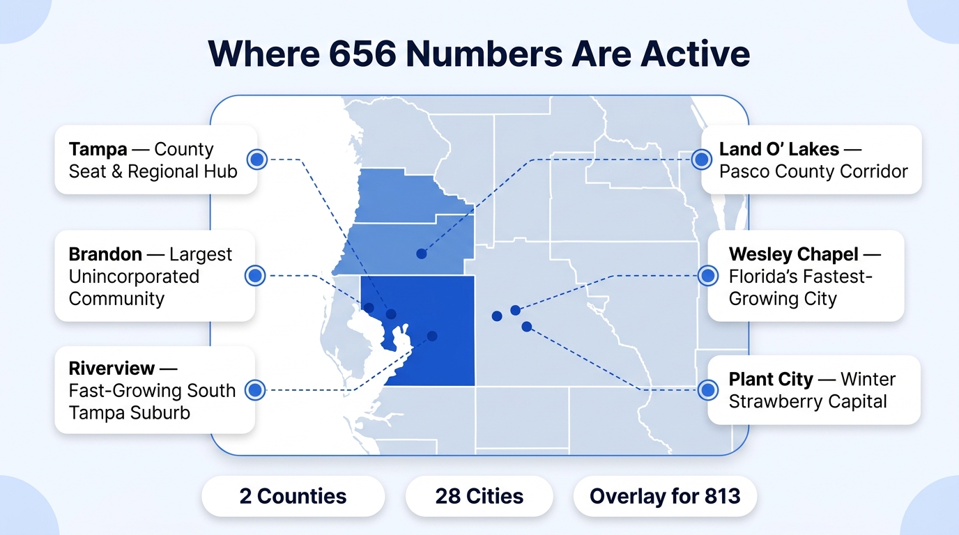 Where the 656 area code reaches — infographic showing Hillsborough and Pasco counties in west-central Florida with city markers for Tampa, Brandon, Wesley Chapel, Plant City, Riverview, and Lutz