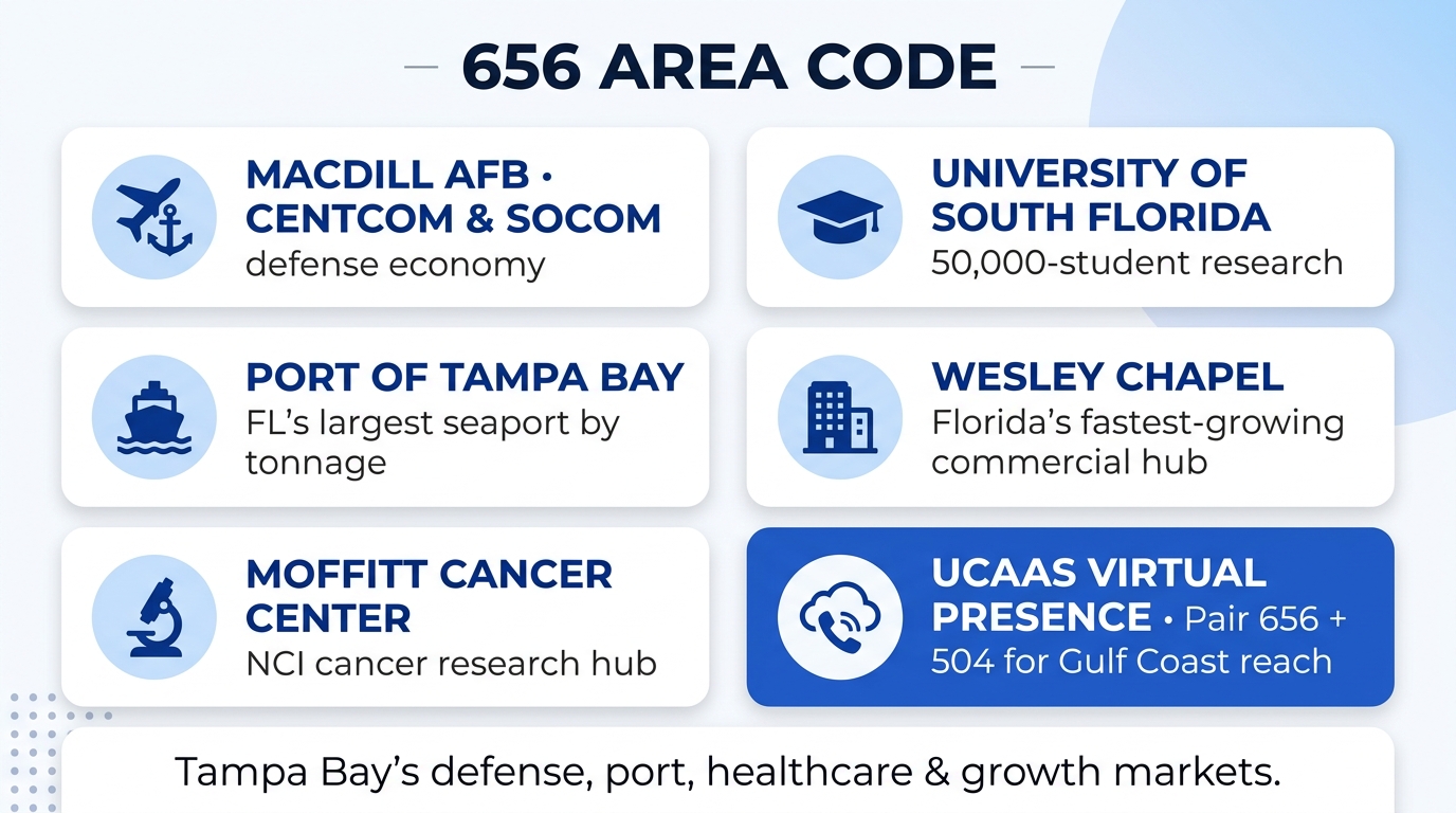Why a 656 number is good for business — infographic showing MacDill Air Force Base CENTCOM, Port of Tampa Bay, University of South Florida, Moffitt Cancer Center, Wesley Chapel commercial growth, and UCaaS virtual Tampa Bay presence